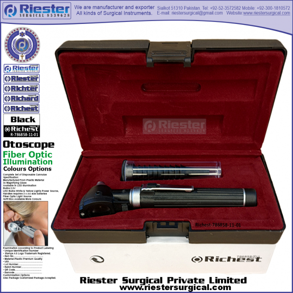 Richest-786858-11-1 Mini Otoscope Fiber Optic Black with Cannula in Box Packed Professional fine Premium Quality Material for Medical Device