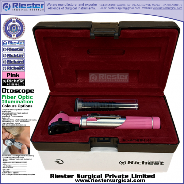 Richest-786858-11-10 Mini Otoscope Fiber Optic Pink with Cannula in Box Packed Professional fine Premium Quality Material for Medical Device