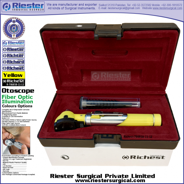 Richest-786858-11-12 Mini Otoscope Fiber Optic Yellow with Cannula in Box Packed Professional fine Premium Quality Material for Medical Device