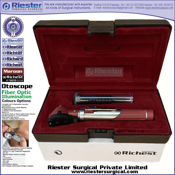 Richest-786858-11-16 Mini Otoscope Fiber Optic Maroon with Cannula in Box Packed Professional fine Premium Quality Material for Medical Device