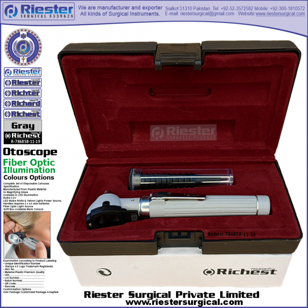 Richest-786858-11-19 Mini Otoscope Fiber Optic Gray with Cannula in Box Packed Professional fine Premium Quality Material for Medical Device
