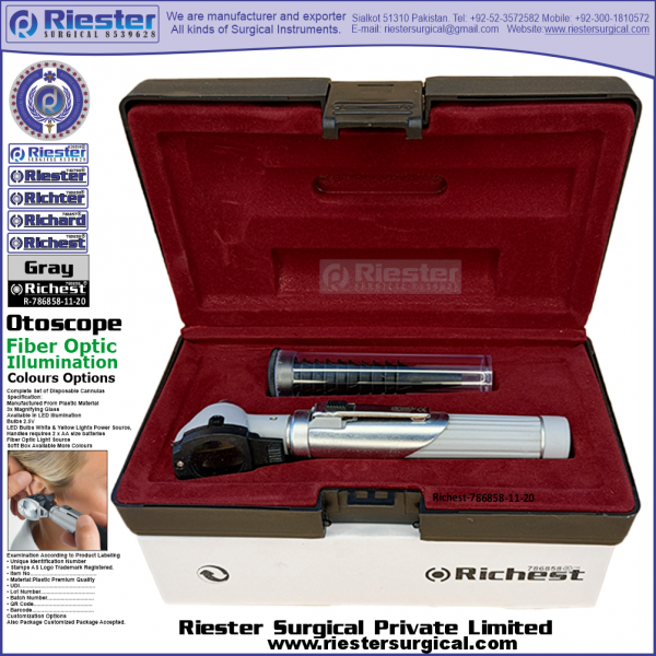 Richest-786858-11-20 Mini Otoscope Fiber Optic Gray with Cannula in Box Packed Professional fine Premium Quality Material for Medical Device