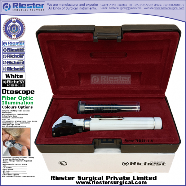 Richest-786858-11-21 Mini Otoscope Fiber Optic White with Cannula in Box Packed Professional fine Premium Quality Material for Medical Device