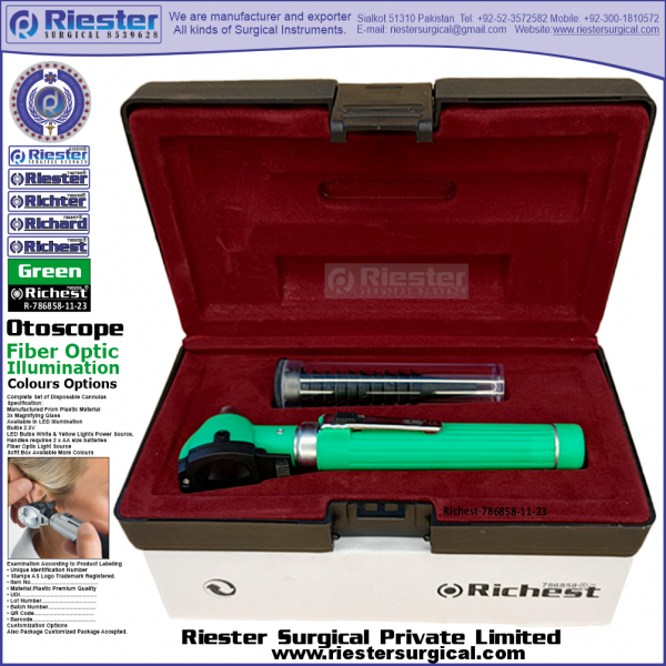 Richest-786858-11-23 Mini Otoscope Fiber Optic Green with Cannula in Box Packed Professional fine Premium Quality Material for Medical Device