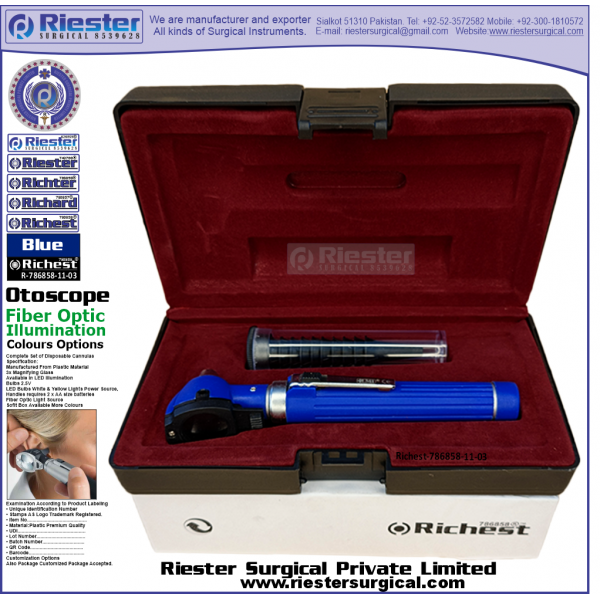 Richest-786858-11-3 Mini Otoscope Fiber Optic Blue with Cannula in Box Packed Professional fine Premium Quality Material for Medical Device