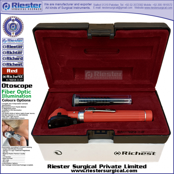 Richest-786858-11-7 Mini Otoscope Fiber Optic Red Black with Cannula in Box Packed Professional fine Premium Quality Material for Medical Device