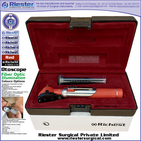 Richest-786858-11-8 Mini Otoscope Fiber Optic Red Black with Cannula in Box Packed Professional fine Premium Quality Material for Medical Device