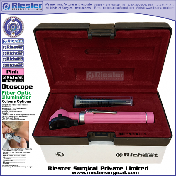 Richest-786858-11-9 Mini Otoscope Fiber Optic Pink with Cannula in Box Packed Professional fine Premium Quality Material for Medical Device