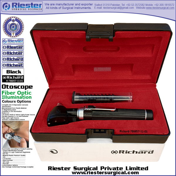 Richard-786857-11-1 Mini Otoscope Fiber Optic Black with Cannula in Box Packed Professional fine Premium Quality Material for Medical Device