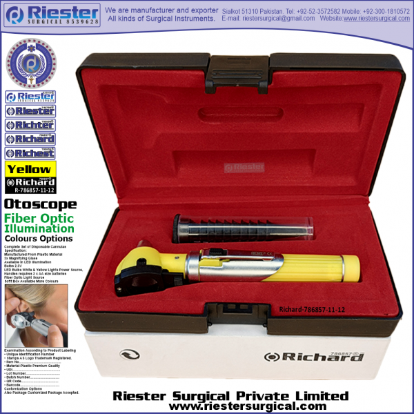 Richard-786857-11-12 Mini Otoscope Fiber Optic Yellow with Cannula in Box Packed Professional fine Premium Quality Material for Medical Device