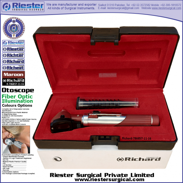 Richard-786857-11-16 Mini Otoscope Fiber Optic Maroon with Cannula in Box Packed Professional fine Premium Quality Material for Medical Device