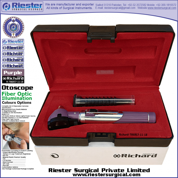 Richard-786857-11-18 Mini Otoscope Fiber Optic Purple with Cannula in Box Packed Professional fine Premium Quality Material for Medical Device