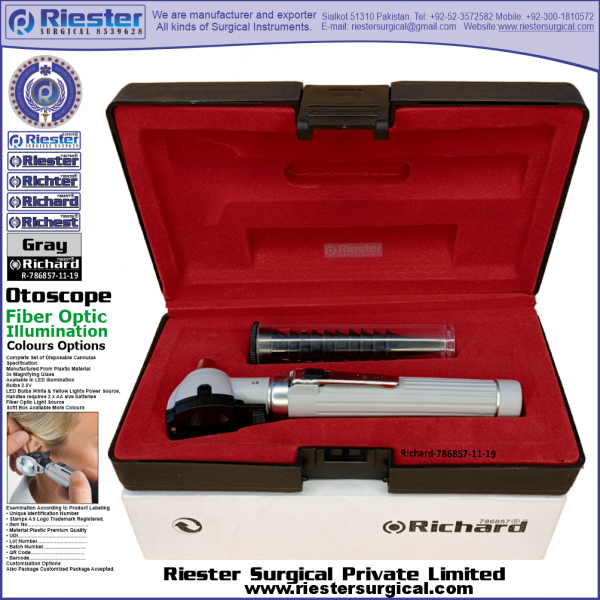 Richard-786857-11-19 Mini Otoscope Fiber Optic Gray with Cannula in Box Packed Professional fine Premium Quality Material for Medical Device