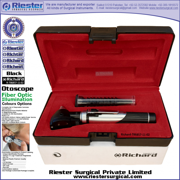Richard-786857-11-2 Mini Otoscope Fiber Optic Black with Cannula in Box Packed Professional fine Premium Quality Material for Medical Device