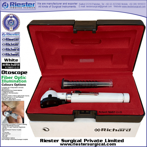 Richard-786857-11-21 Mini Otoscope Fiber Optic White with Cannula in Box Packed Professional fine Premium Quality Material for Medical Device