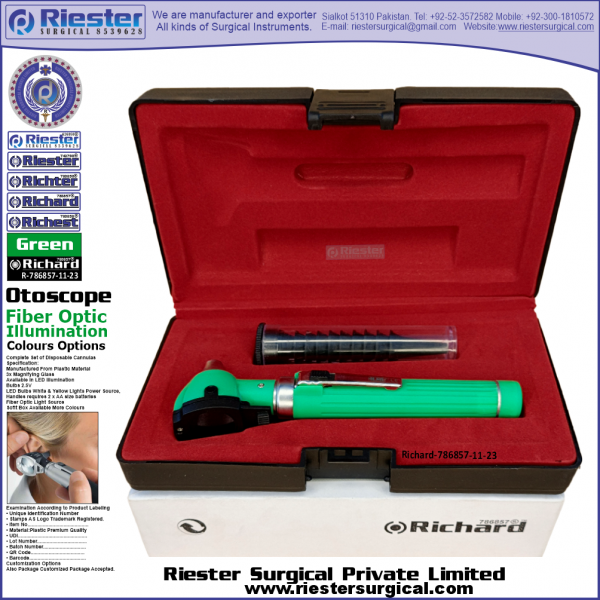 Richard-786857-11-23 Mini Otoscope Fiber Optic Green with Cannula in Box Packed Professional fine Premium Quality Material for Medical Device
