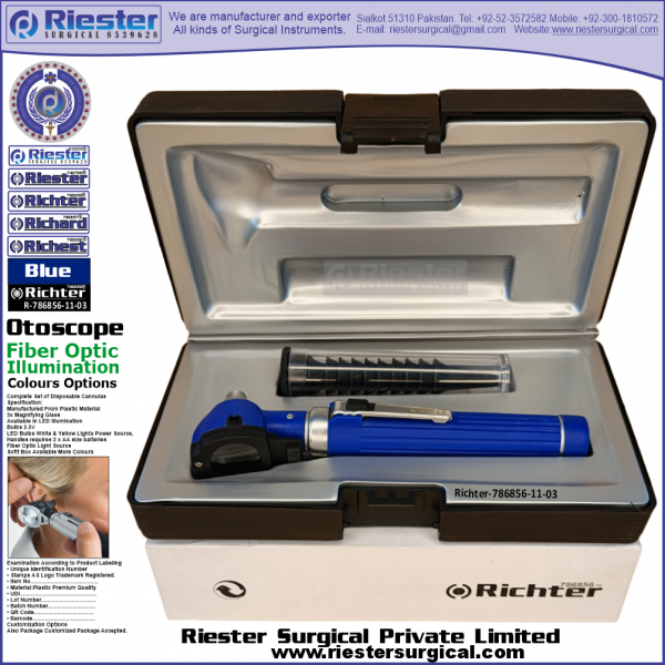 Richter-786856-11-3 Mini Otoscope Fiber Optic Blue with Cannula in Box Packed Professional fine Premium Quality Material for Medical Device