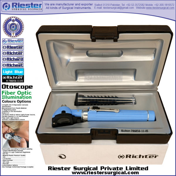 Richter-786856-11-5 Mini Otoscope Fiber Optic Light Blue with Cannula in Box Packed Professional fine Premium Quality Material for Medical Device