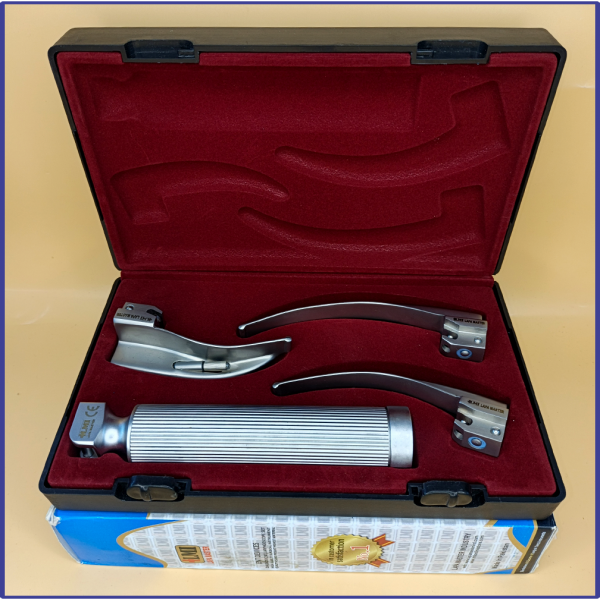 Laryngoscope Conventional Standard Macintosh 3 Blade 1-2-3 Set Child Handle Reusable Blades Premium Quality Plastics Box Blister Packing  Maroon Colour into Lapa Boxboard Box Packed