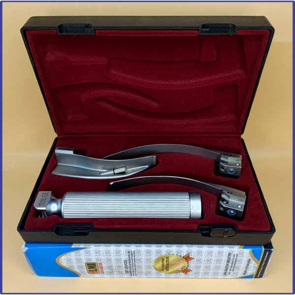 Laryngoscope Conventional Standard Macintosh 3 Blade 2-3-4 Set Adult Handle Reusable Blades Premium Quality Plastics Box Blister Packing Maroon Colour into Lapa Boxboard Box Packed
