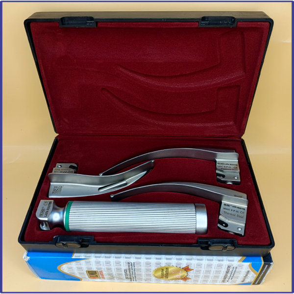 Laryngoscope Macintosh Fiber Optic 3 Blade 2-3-4 Set Adult Handle Premium Quality Reusable Blades Premium Quality Hard Box  Maroon Colour Blister Packing into Lapa Boxboard Box Packed