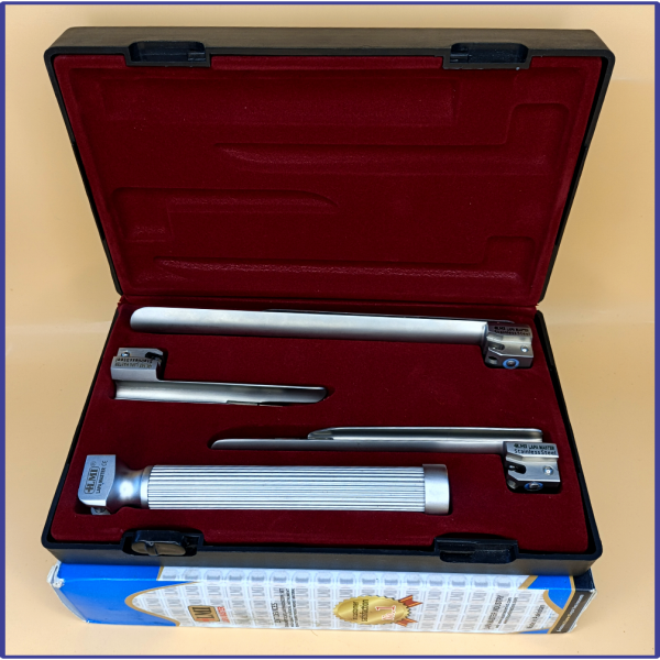 Laryngoscope Conventional Standard Miller 3 Blade 1-2-3 Set Adult Handle Reusable Blades Premium Quality Plastics Box Maroon Colour Blister Packing  into Lapa Boxboard Box Packed
