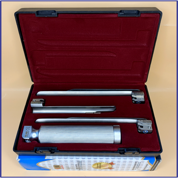 Laryngoscope Conventional Standard Miller 3 Blade 2-3-4 Set Adult Handle Reusable Blades Premium Quality Plastics Box Maroon Colour Blister Packing  into Lapa Boxboard Box Packed