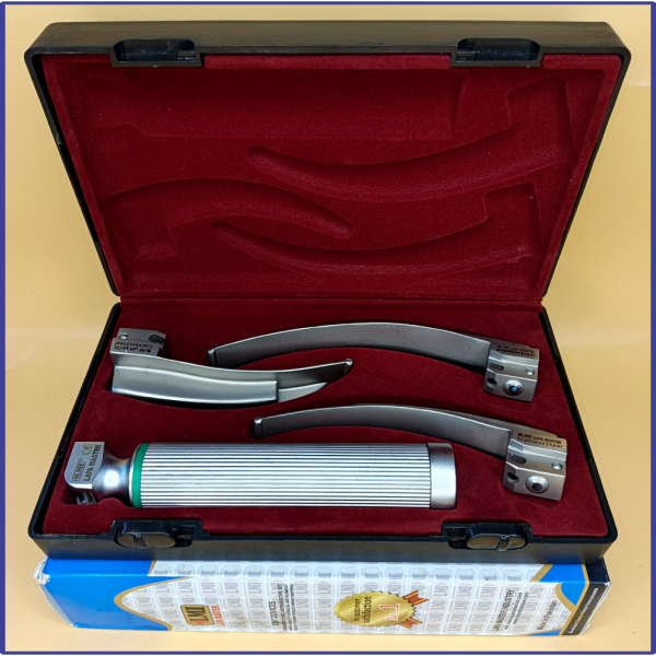 Laryngoscope integral Macintosh Fiber Optic 3 Blade 2-3-4 Set Adult Handle Reusable Blades Premium Quality Plastics Box Maroon Colour Blister Packing into Lapa Boxboard Box Packed