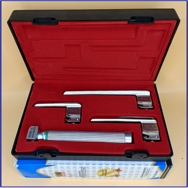 Laryngoscope Miller Fiber Optic 3 Blade 0-1-2 Set Child Handle Premium Quality Reusable Blades Premium Quality Plastics Box Red Colour Blister Packing into Lapa Boxboard Box Packed