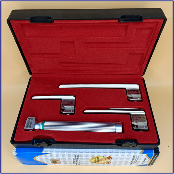Laryngoscope Miller Fiber Optic 3 Blade 0-1-2 Set Child Handle Premium Quality Reusable Blades Premium Quality Plastics Box Red Colour Blister Packing into Lapa Boxboard Box Packed
