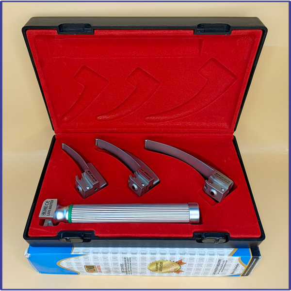 Laryngoscope integral Macintosh Fiber Optic 3 Blade 0-1-2 Set Child Handle Premium Quality Reusable Blades Premium Quality Plastics Box Red Colour Blister Packing into Lapa Boxboard Box Packed