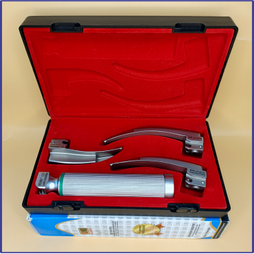 Laryngoscope integral Macintosh Fiber Optic 3 Blade 1-2-3 Set Adult Handle Premium Quality Reusable Blades Premium Quality Plastics Box Red Colour Blister Packing into Lapa Boxboard Box Packed