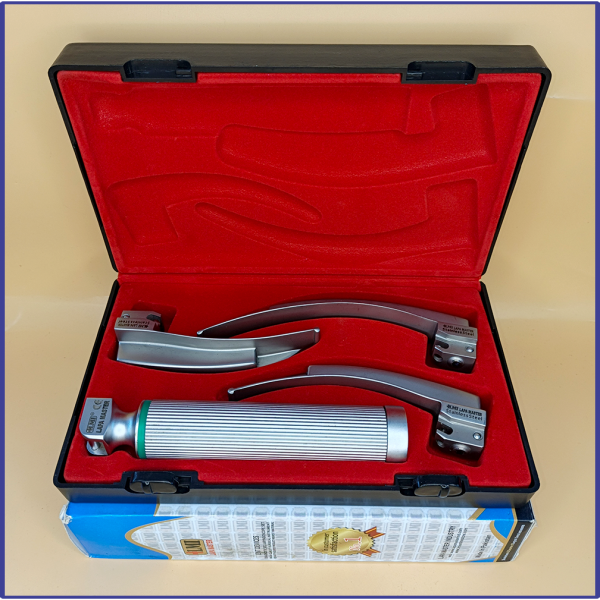 Laryngoscope integral Macintosh Fiber Optic 3 Blade 2-3-4 Set Adult Handle Premium Quality Reusable Blades Premium Quality Plastics Box Red Colour Blister Packing into Lapa Boxboard Box Packed
