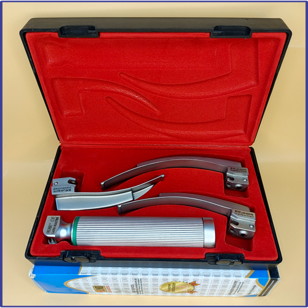 Laryngoscope integral Macintosh Fiber Optic 3 Blade 2-3-4 Set Adult Handle Reusable Blades Premium Quality Plastics Box Red Colour Blister Packing into Lapa Boxboard Box Packed