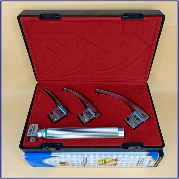 Laryngoscope Standard Macintosh Fiber Optic 3 Blade 0-1-2 Set Child Handle Reusable Blades Stainless Steel Standard Quality Blades Premium Quality Plastics Box Red Colour Blister Packing into Lapa Boxboard Box Packed