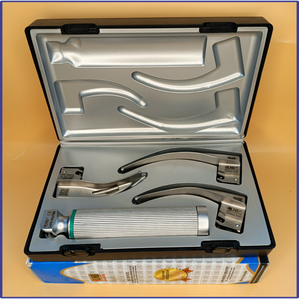 Laryngoscope Macintosh Fiber Optic 3 Blade 1-2-3 Set Adult Handle Premium Quality Reusable Blades Premium Quality Plastics Box Blister Packing Sliver Gary Colour into Lapa Boxboard Box Packed
