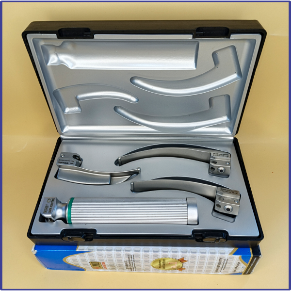 Laryngoscope integral Macintosh Fiber Optic 3 Blade 1-2-3 Set Adult Handle Premium Quality Reusable Blades Premium Quality Plastics Box Blister Packing Sliver Gary Colour into Lapa Boxboard Box Packed