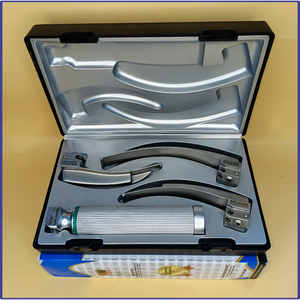 Laryngoscope integral Macintosh Fiber Optic 3 Blade 2-3-4 Set Adult Handle Premium Quality Reusable Blades Premium Quality Plastics Box Blister Packing Sliver Gary Colour into Lapa Boxboard Box Packed