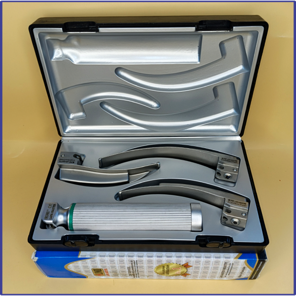 Laryngoscope integral Macintosh Fiber Optic 3 Blade 2-3-4 Set Adult Handle Premium Quality Reusable Blade Premium Quality Plastics Box Blister Packing Sliver Gary Colour into Lapa Boxboard Box Packed