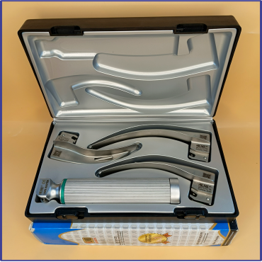 Laryngoscope Standard Macintosh Fiber Optic 3 Blade 2-3-4 Set Adult Handle Reusable Blades Stainless Steel Standard Quality Blades Premium Quality Plastics Box Blister Packing Sliver Gary Colour into Lapa Boxboard Box Packed