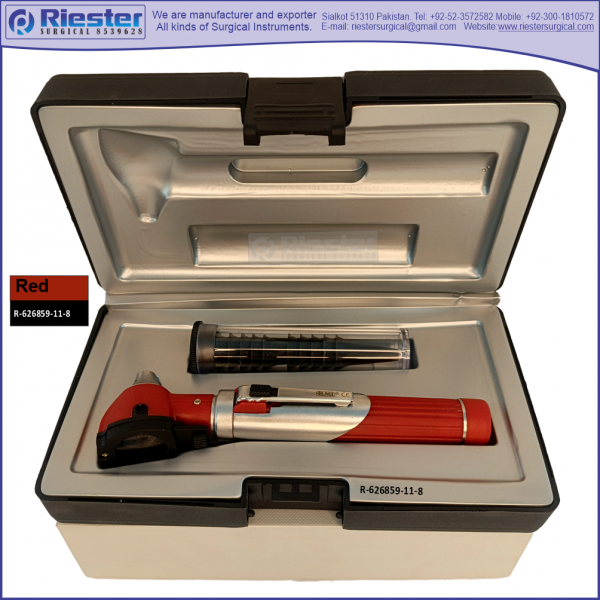 Mini Otoscope Fiber Optic Red with Disposable Cannulas in Box Packed