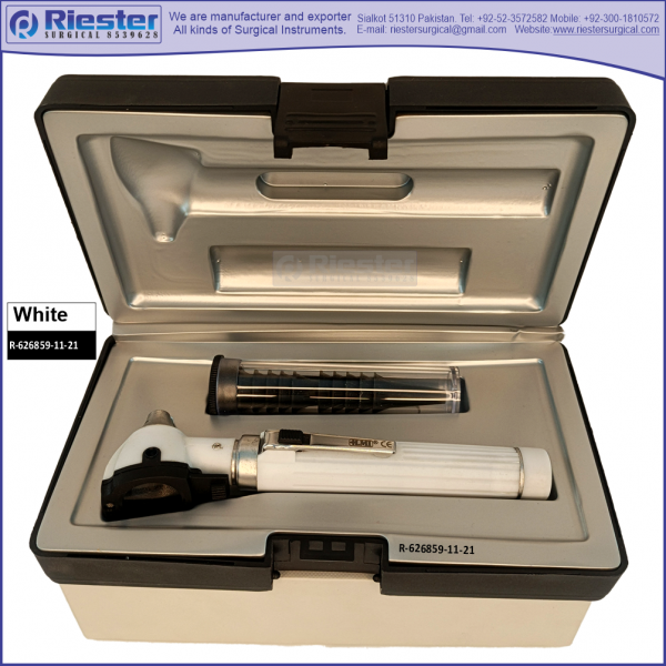 Mini Otoscope Fiber Optic White  with Disposable Cannulas