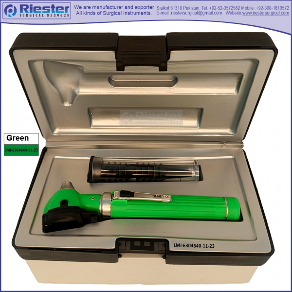 Mini Otoscope Fiber Optic, Green with Disposable Cannulas in Box Packed